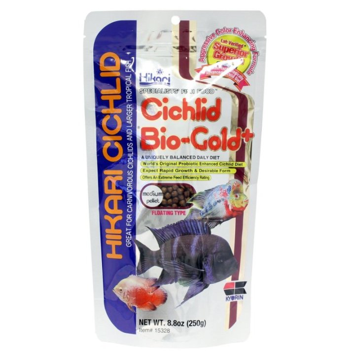 Hikari Cichlid Bio-Gold+ väriä tehostava täysravinto lihansyöjäkirjoahvenille ja suuremmille trooppisille kaloille.
