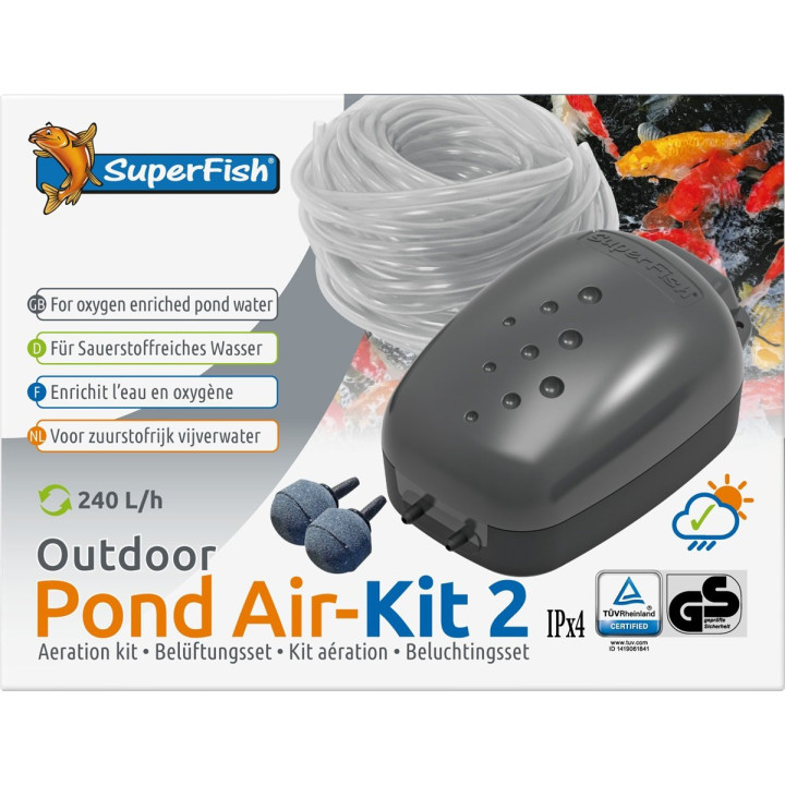 Superfish Pond Air Kit 2 tehokkaampi ilmapumppusarja kahdella ilmastinkivellä lammen hapetukseen.