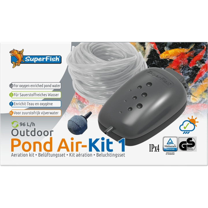 Superfish Pond Air Kit 1 kompakti ilmapumppusarja lammen hapensaannin tukemiseen.
