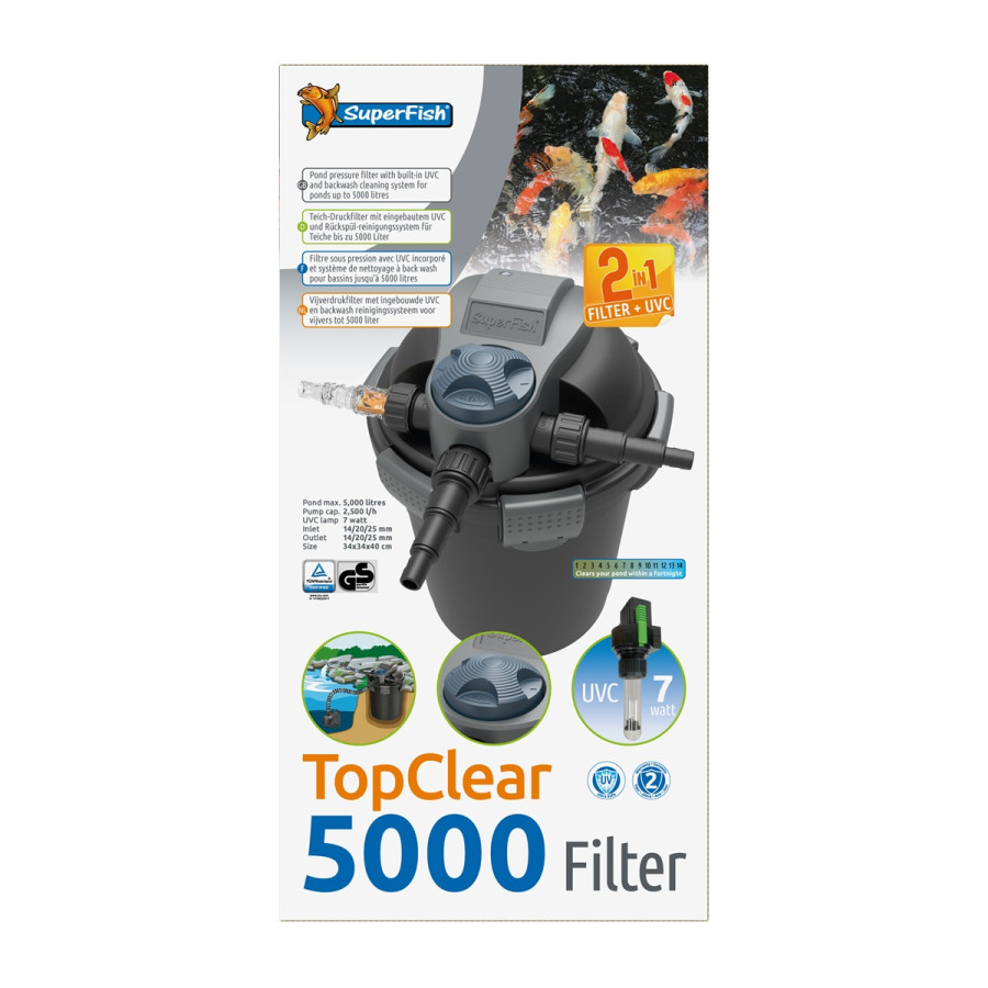 Superfish TopClear 5000 UVC  7 W – tehokas ja kompakti ratkaisu pienten lampien veden kirkastamiseen.