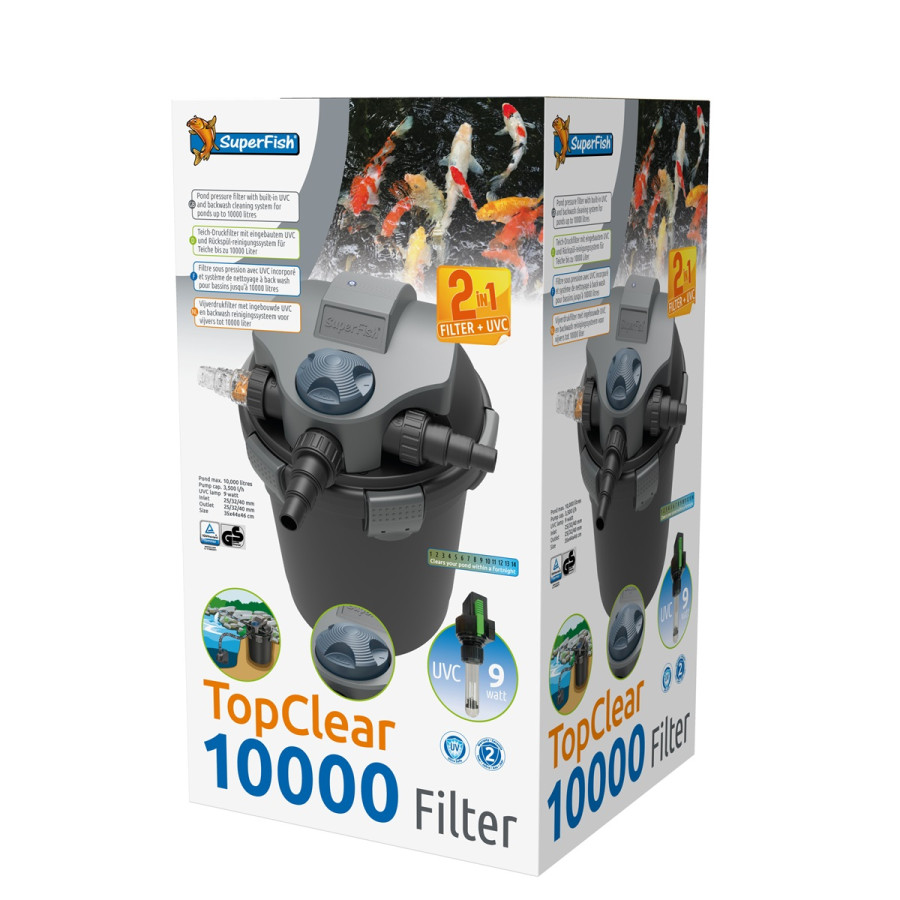 Superfish TopClear 10 000 UVC 9 W – tehokas 3‑vaiheinen UVC‑lampisuodatin keskikokoisiin lampiin.