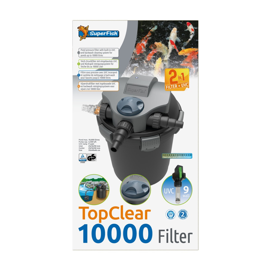Superfish TopClear 10 000 UVC 9 W – tehokas 3‑vaiheinen UVC‑lampisuodatin keskikokoisiin lampiin.