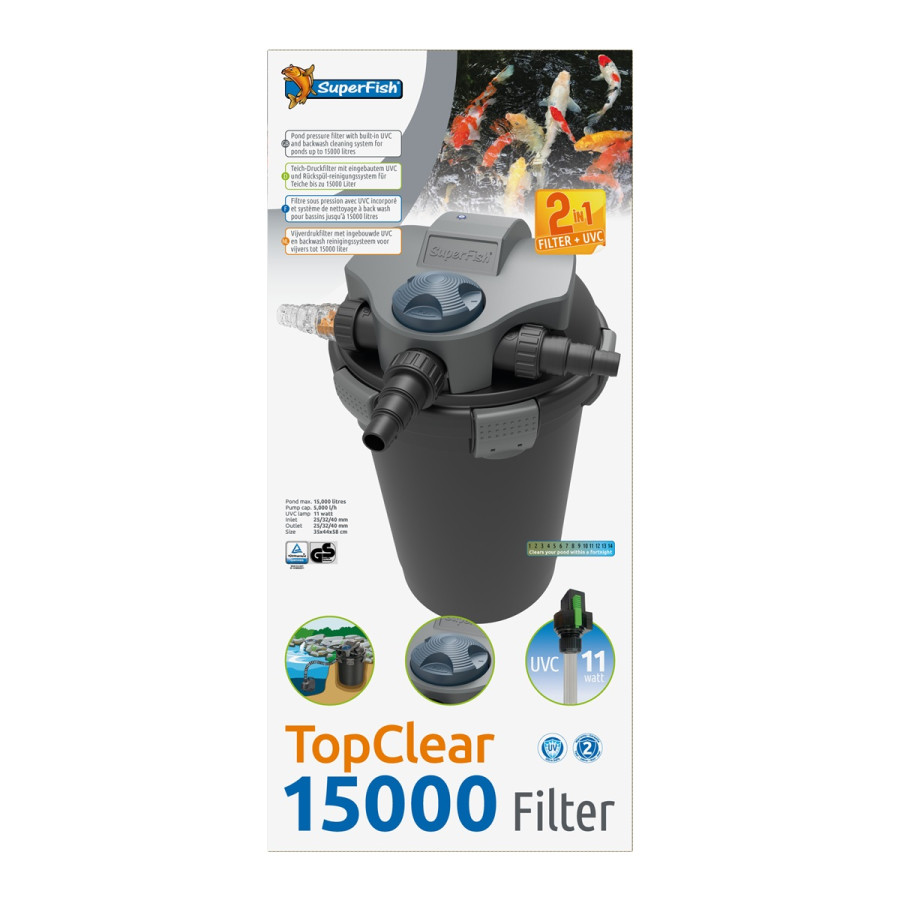 Superfish TopClear 15 000 UVC 11 W – tehokas 3‑vaiheinen UVC‑lampisuodatin keskikokoisiin ja suurempiin lampiin.