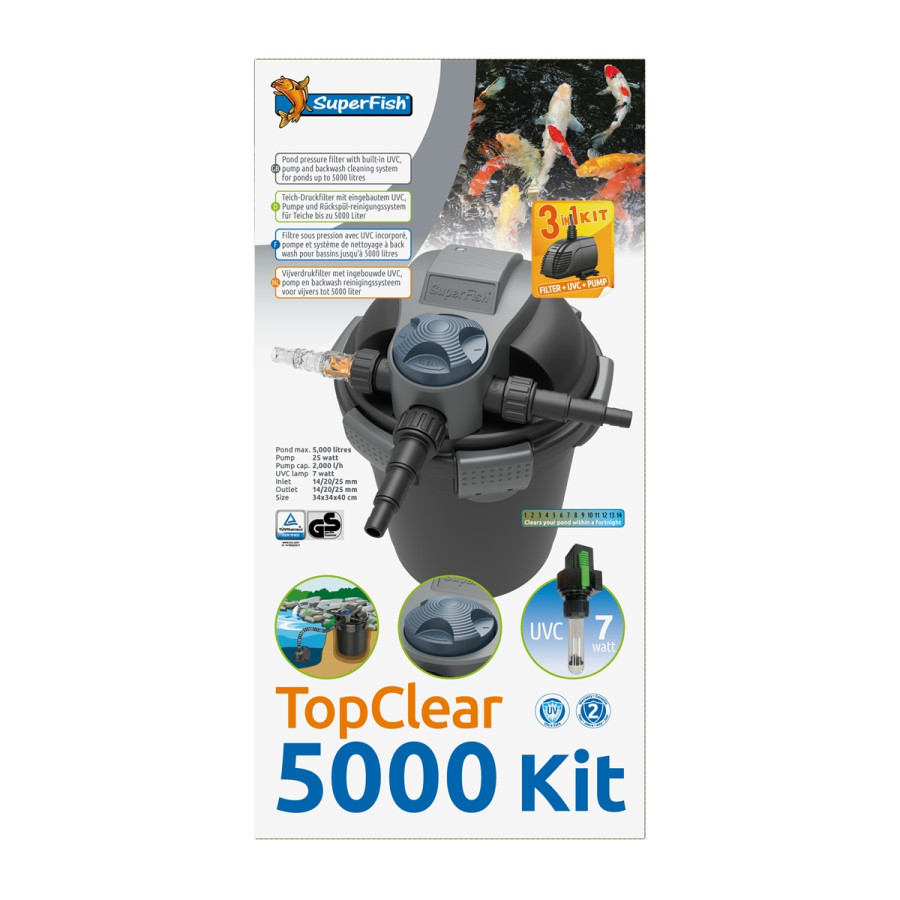 Superfish TopClear Kit 5 000 valmis 3‑vaiheinen UVC‑lampisuodatin pienten lampien kirkkaaseen veteen.