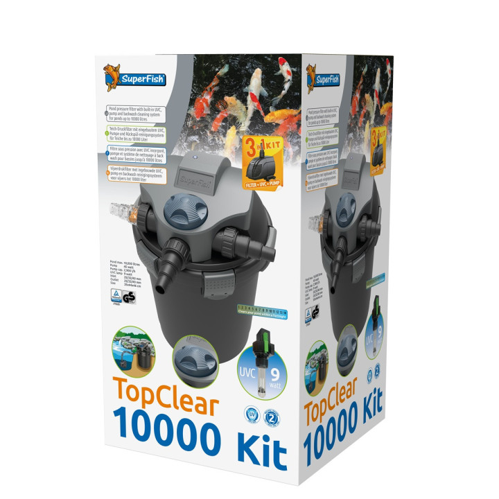 Superfish TopClear Kit 10 000 käyttövalmis 3‑vaiheinen UVC‑lampisuodatin pumpulla keskikokoisiin lampiin.