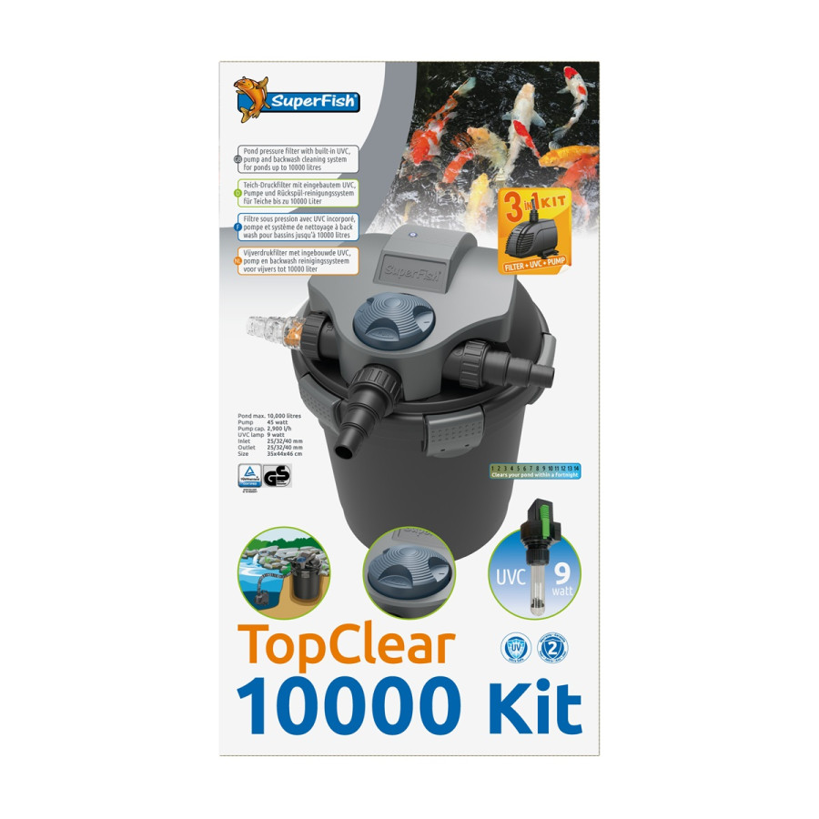 Superfish TopClear Kit 10 000 käyttövalmis 3‑vaiheinen UVC‑lampisuodatin pumpulla keskikokoisiin lampiin.