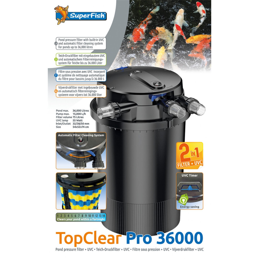 Superfish TopClear Pro 36 000 UVC 55 W – tehokas Pro‑sarjan UVC‑lampisuodatin suuriin lampiin.