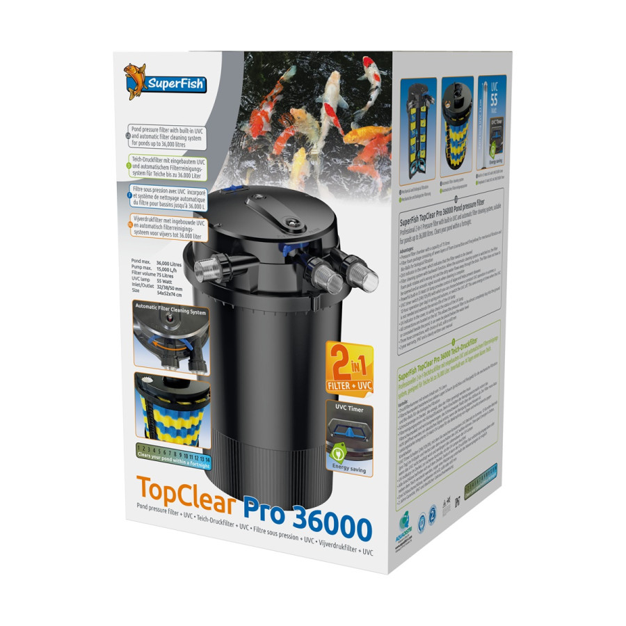 Superfish TopClear Pro 36 000 UVC 55 W – tehokas Pro‑sarjan UVC‑lampisuodatin suuriin lampiin.