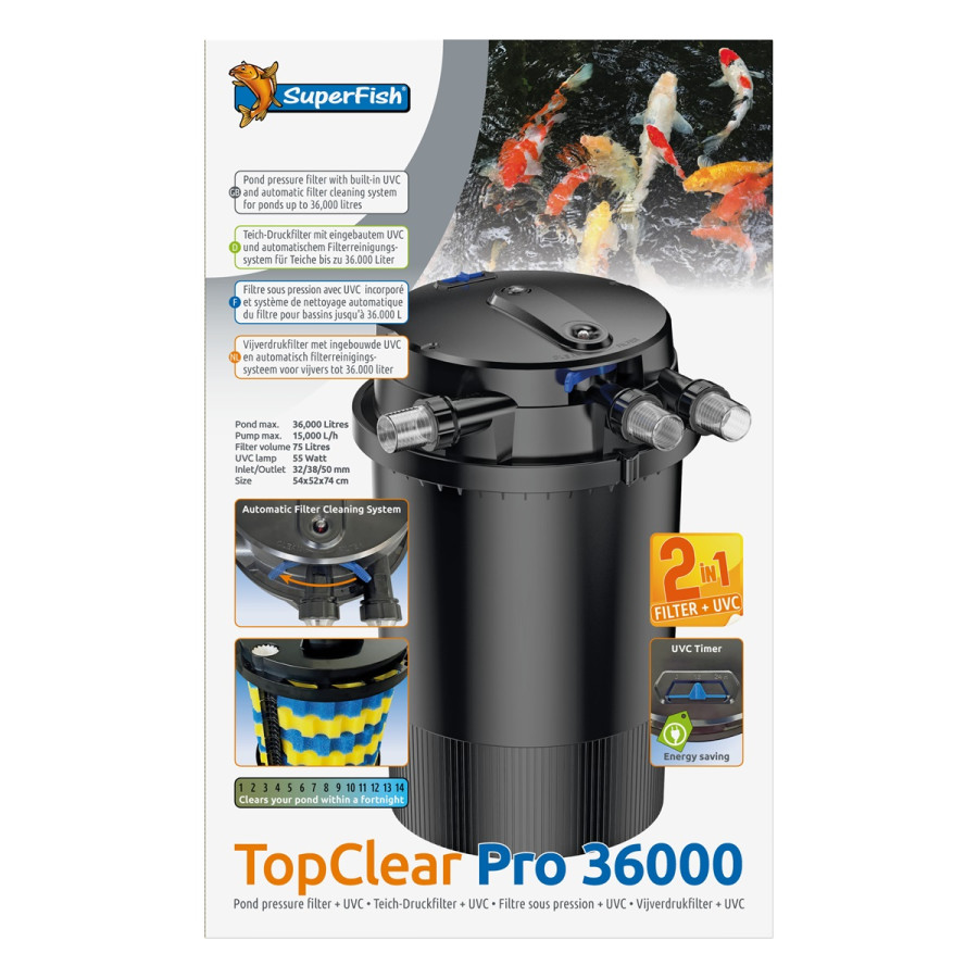 Superfish TopClear Pro 36 000 UVC 55 W – tehokas Pro‑sarjan UVC‑lampisuodatin suuriin lampiin.