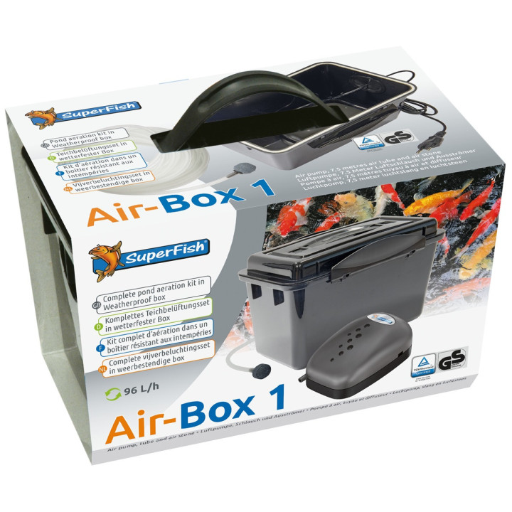 Superfish Air‑Box Nr. 1 täydellinen ilmastussarja, jossa ilmapumppu on suojattu säänkestävässä kotelossa.