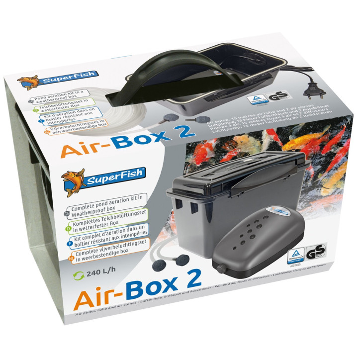 Superfish Air‑Box Nr. 2 tehokas ja valmis ilmastussarja, jossa ilmapumppu on suojattu säänkestävässä kotelossa.