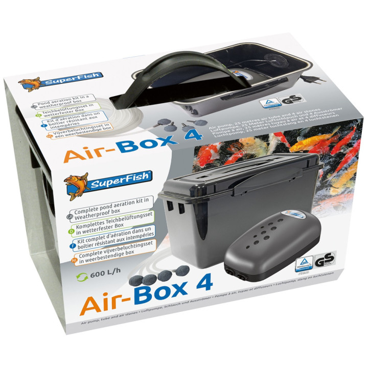 Superfish Air‑Box Nr. 4 tehokas ja valmis ilmastussarja suurempiin lampiin säänkestävässä kotelossa.