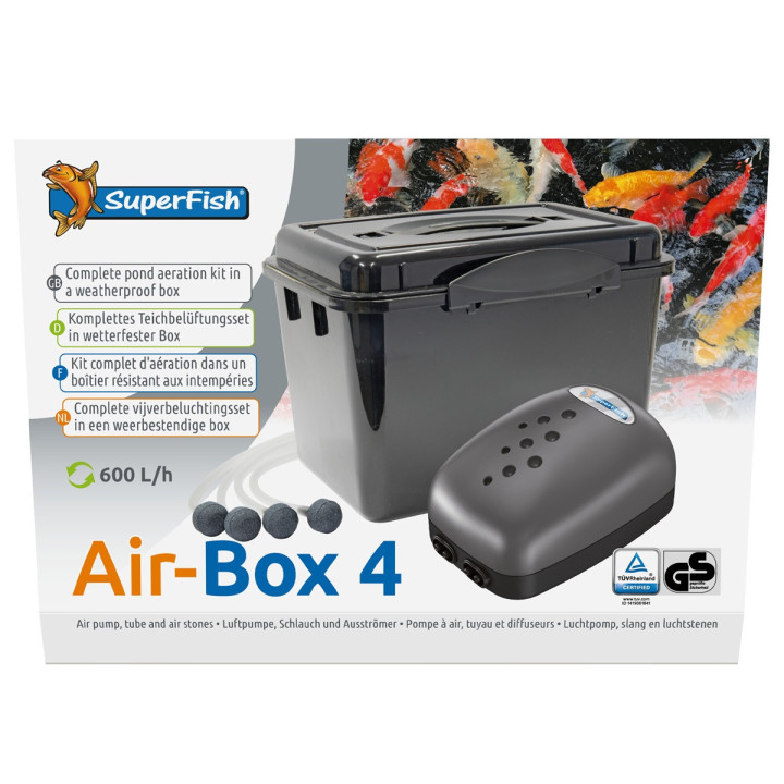 Superfish Air‑Box Nr. 4 tehokas ja valmis ilmastussarja suurempiin lampiin säänkestävässä kotelossa.