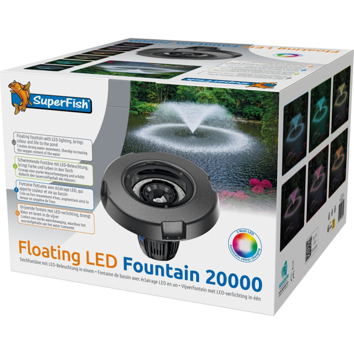 Superfish Floating LED Fountain 20.000 – kelluva LED‑suihkulähde näyttäviin puutarhalampiin.